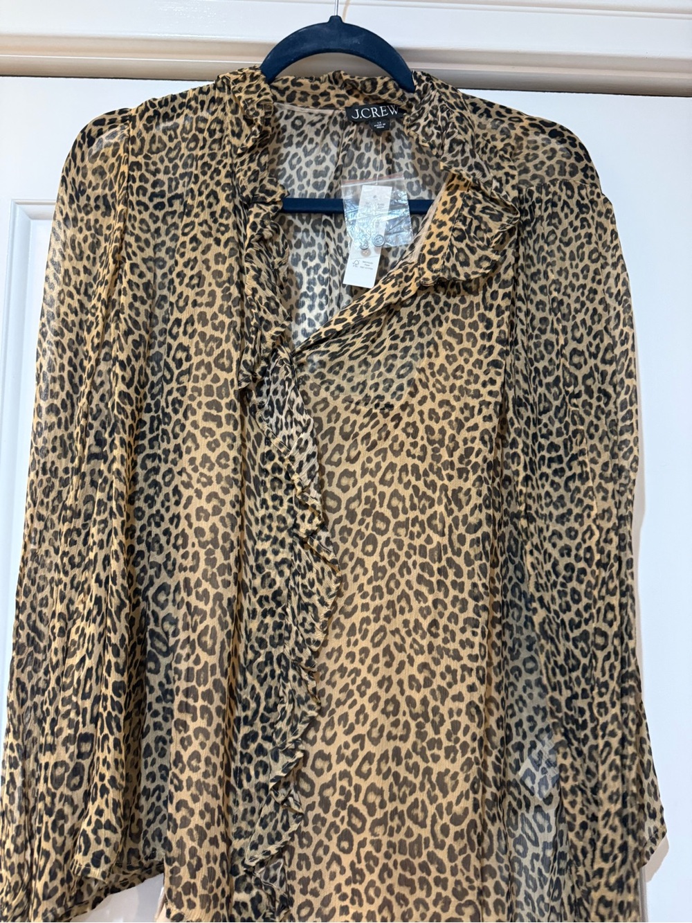J. Crew Leopard Ruffle Front Blouse in Tan and Black
